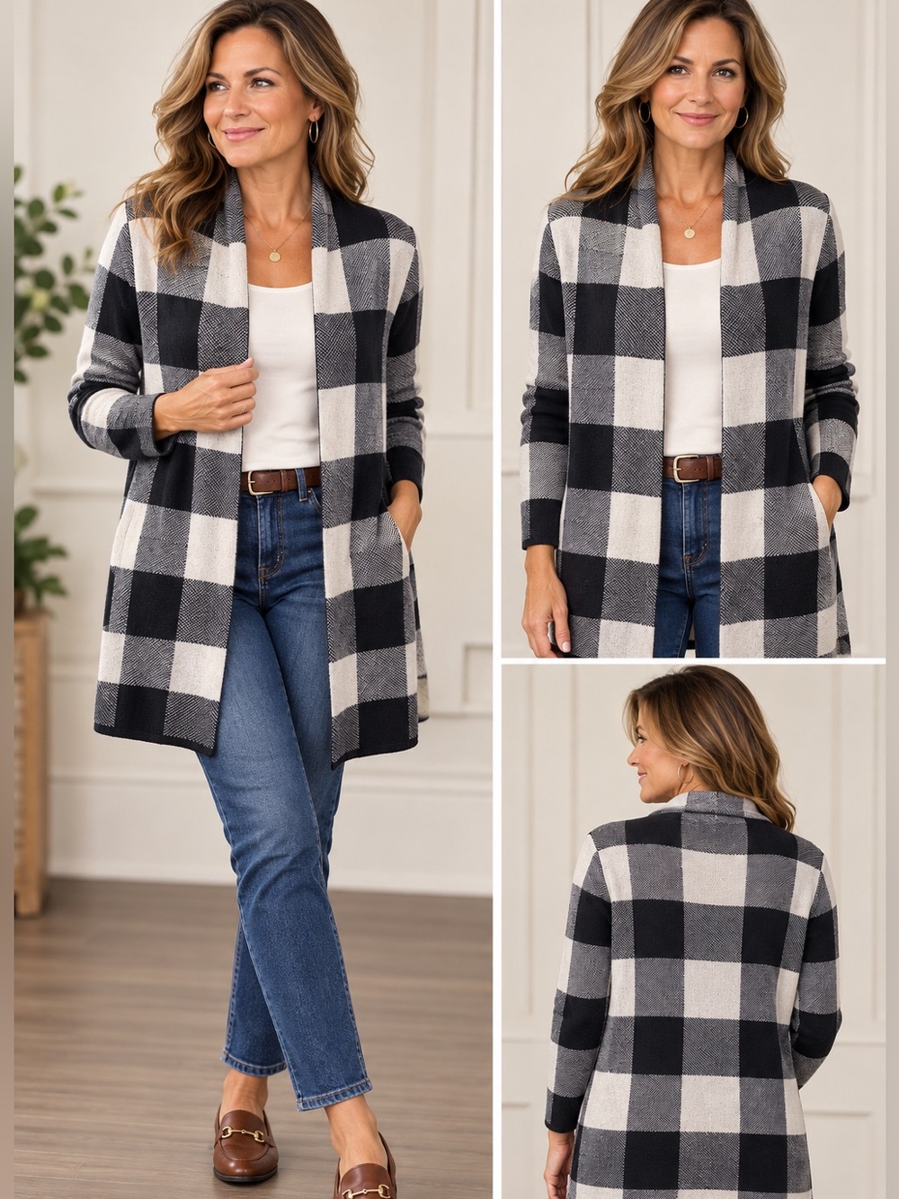 Lands’ End Women Size M 10-12 Cardigan 100% Cotton Black White Plaid Open Front